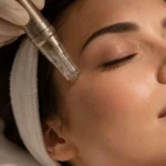 Mulher recebendo microagulhamento facial na região da bochecha