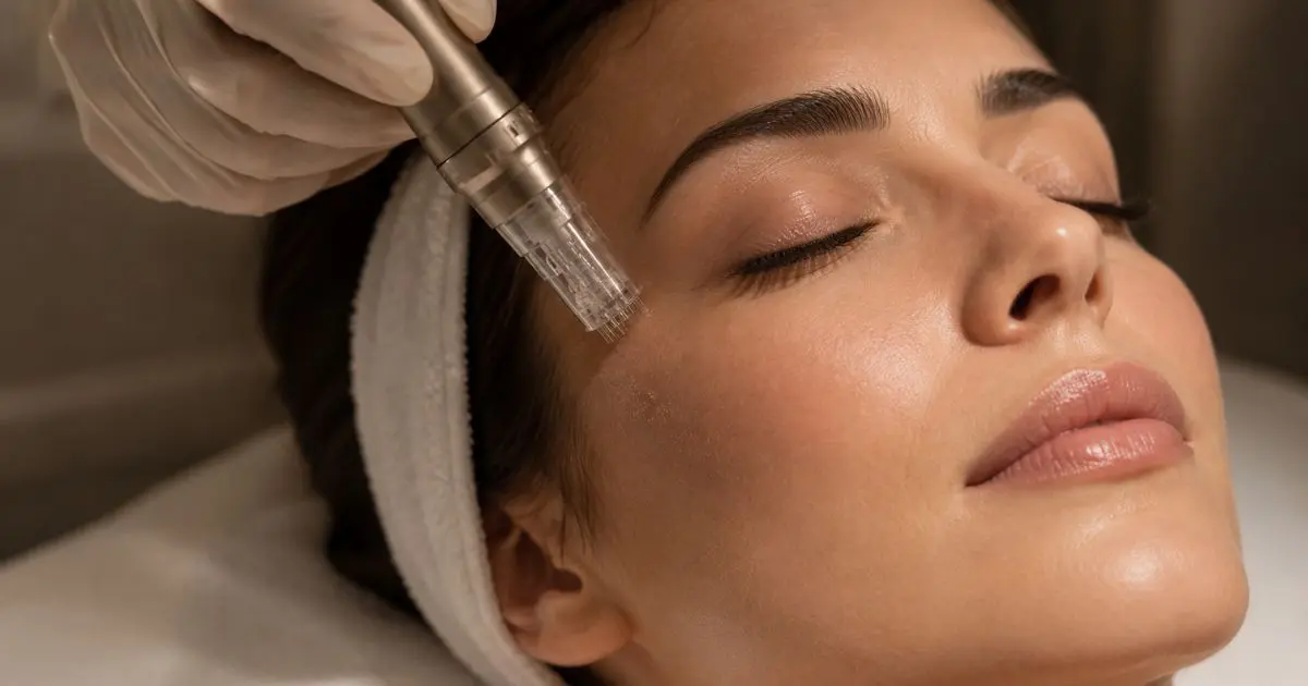 Mulher recebendo microagulhamento facial na região da bochecha