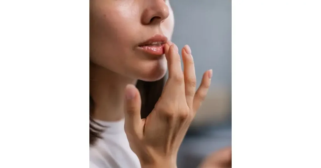 Mulher com expressão natural tocando suavemente os próprios lábios